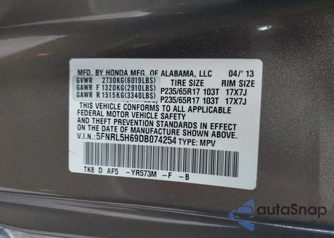2013 Honda Odyssey Ex-L z USA, uszkodzony, nr VIN 5FNRL5H69DB074254